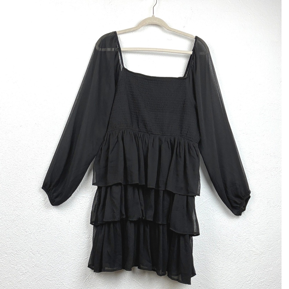 Madden NYC Black Tiered Ruffle Dress - 1X - Smocked Sheer Sleeve Goth Coquette